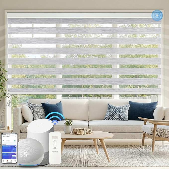 COOLWINDS Motorized Zebra Blinds for Windows Cordless Electric Curtains with Remote Control Blackout Shades Custom Smart Blinds Compatible with Alexa Google Home(95% Blackout Grey,W33 X 72in)