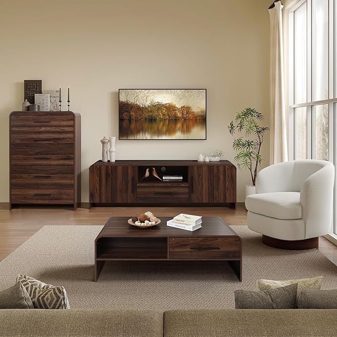 LuxenHome 70" Mid-Century Modern TV Stand for TVs up to 75", Walnut Finish TV Stand with Rounded Corners, Entertainment Center Console with 2 Doors & 1 Drawer for Living Room, Bedroom