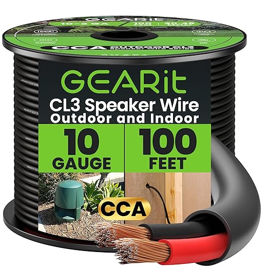 GEARit Outdoor Speaker Wire CL3 Rated, 10 Gauge Speaker Wire, Speaker Cable 100 ft for Outdoor Speakers, Patio, Garden, Backyard Audio, Direct Burial in Ground/in Wall, CCA (Black, 2-Conductors)