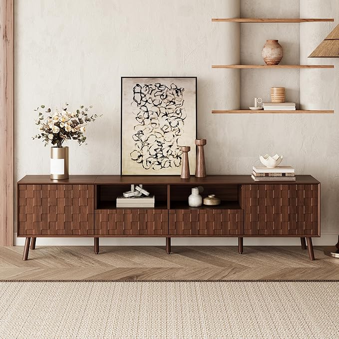 Virubi Mid-Century Modern TV Stand, Entertainment Center with 2 Doors,2 Drawers and Open Shelf, Media Console for TVs up to 80 Inch, Television Stands with Cable Management for Living Room