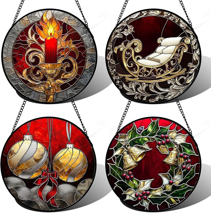 AMDERVEN Stained Glass Window Hanging 4 Pcs Set Christmas Golden Bell Sleigh 9.8" - Suncatcher Door Garden Sun Catcher Decor Birthday Mother's Day Xmas Gifts for Mom Woman Nana Men Parents