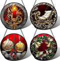 AMDERVEN Stained Glass Window Hanging 4 Pcs Set Christmas Golden Bell Sleigh 7.8" - Suncatcher Door Garden Sun Catcher Decor Birthday Mother's Day Xmas Gifts for Mom Woman Nana Men Parents