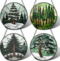 AMDERVEN Stained Glass Window Hanging 4 Pcs Set Forest Green Trees Winter Snow 9.8" - Suncatcher Door Garden Sun Catcher Home Decor Birthday Mother's Day for Woman Nana Mom Men