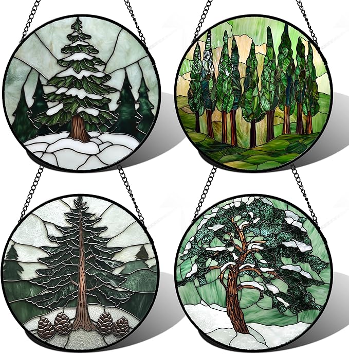 AMDERVEN Stained Glass Window Hanging 4 Pcs Set Forest Green Trees Winter Snow 6.3" - Suncatcher Door Garden Sun Catcher Home Decor Birthday Mother's Day for Woman Nana Mom Men
