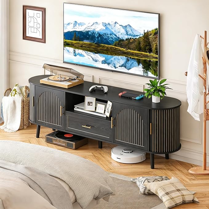 70" Fluted TV Stand for Tvs up to 80", Mid-Century Modern Entertainment Center with Drawers and Fluted Doors, Curved TV Media Console Table with Sliding Doors for Living Room, Bedroom (70" Black)