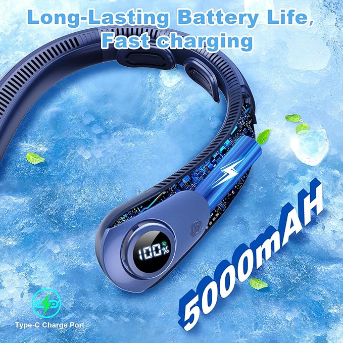 Portable Neck Fan that Blow Cold Air, LED Display, Rechargeable Hands-Free Wearable Cooling Personal Fan, 5 Speed, Neck Support, Bladeless Neck Air Conditioner, Gift for Women/Men, Hot Flashes, Travel