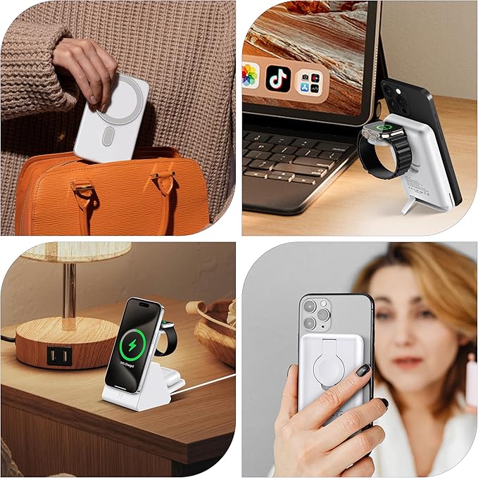 Smtcsl 3-in-1 Wireless Charging Station: Portable 5000mAh Power Bank Charger Compatible for Phone Air/17/16/15/14/13/12 Series and Watch - Detachable Magnetic Charging Stand White