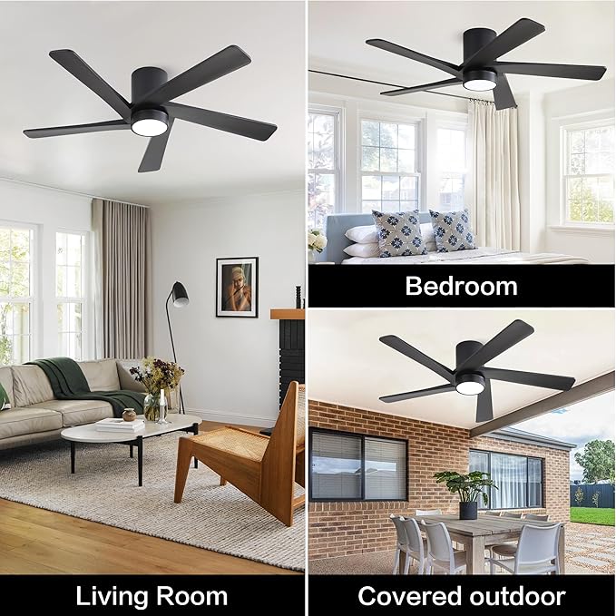 WINGBO 48 Inch Flush Mount DC Ceiling Fan with Lights and Remote, 5 Reversible Carved Wood Blades, 6-Speed Noiseless DC Motor, Hugger Ceiling Fan in Black Finish, Low Profile Ceiling Fans, ETL Listed