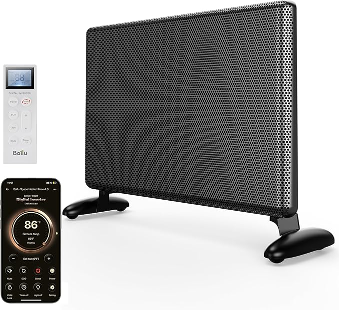 Ballu Mica Infrared Panel Space Heater for Large Room,Smart Quiet Heater with Programmable Thermostat,WiFi App Control,Inverter Energy Efficient for Indoor Use,Compatible with Alexa,Black