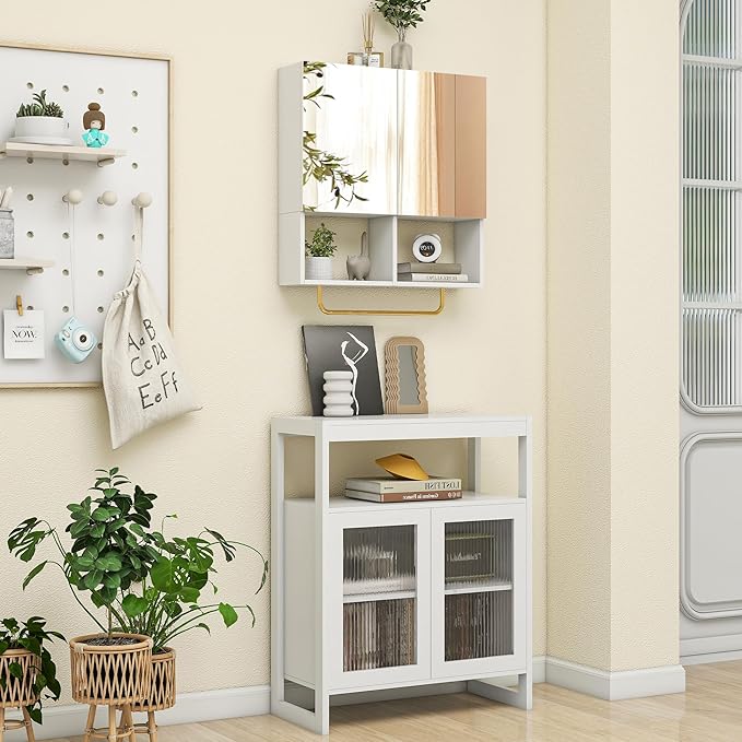 Wall Mounted Storage Cabinet with Mirror & Adjustable Shelves- Bathroom Medicine Cabinet with Towel Bar for Bathroom, Laundary, Enterway,Bedroom