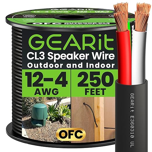 GEARit Outdoor Speaker Wire CL3 Rated, 12 Gauge Speaker Wire, Speaker Cable 250 ft for Outdoor Speakers, Patio, Garden, Backyard Audio, Direct Burial in Ground/in Wall, OFC (Black, 4-Conductors)