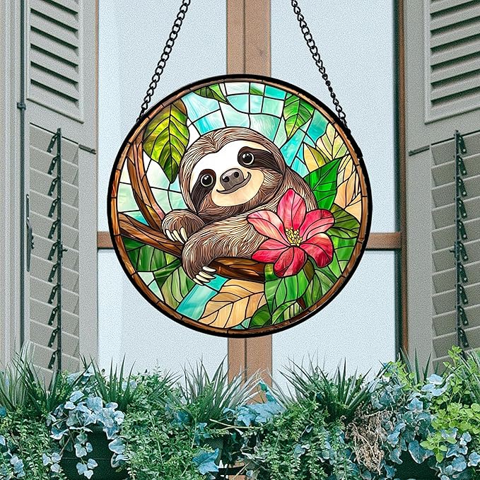 AMDERVEN Stained Glass Window Hanging, Cute Sloth Sun Catcher for Door Home Decor Animal Suncatcher Christmas Mother's Day Birthday Gifts for Women Men Mom and Nana 11.8 in