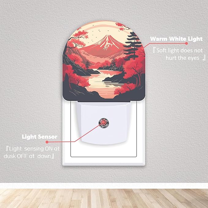 Axxitude Japanese Mountains Night Lights Plug into Wall for Girls Boys Room,Night Light LED Lamp Dusk to Dawn Sensor Round Lamp for Bedroom Bathroom Hallway Home Wall Decor Nightlight