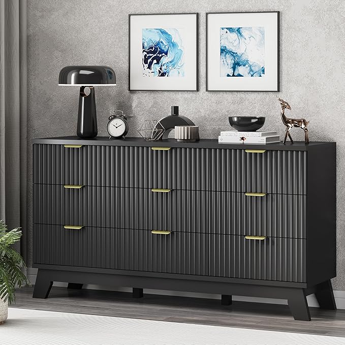 Xixini Fluted Dresser for Bedroom with 9 Drawers, 57" Wide Chest of Drawers with Metal Handle, Modern Wood Dresser TV Stand, Wooden Closet Clothes Storage Organizer for Living Room, Hallway, Black