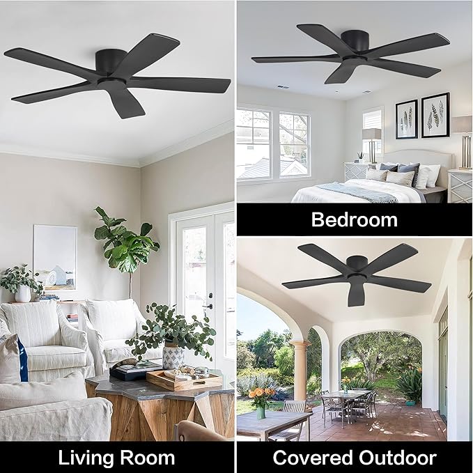 WINGBO 48" Flush Mount DC Ceiling Fans Without Lights, 5 Carved Solid Wood Blades, 6-Speed Reversible DC Motor, Low Profile Hugger Ceiling Fan No Lights for Living Room Bedroom Patio, Matte Black