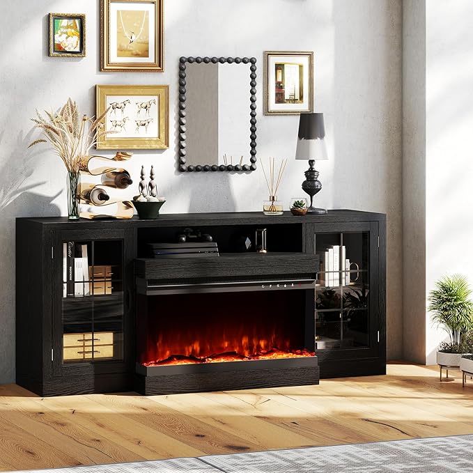 CharaVector 63 inch Fireplace TV Stand for TVs up to 75" with 30" 3-Sided Electric Fireplace, Farmhouse Entertainment Center with Glass Doors & Storage Cabinet, Black