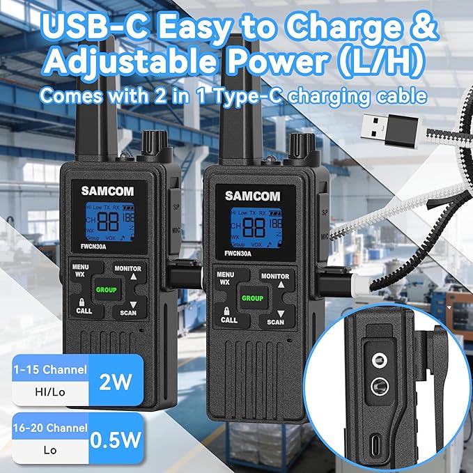 SAMCOM FWCN30A Group Walkie Talkies Long Range, Rechargeable 1250mAh Battery 22 FRS Channel Two Way Radios with Earpieces for Adults, Handheld Walky Talky with 2 in 1 USB Cable,4 Packs