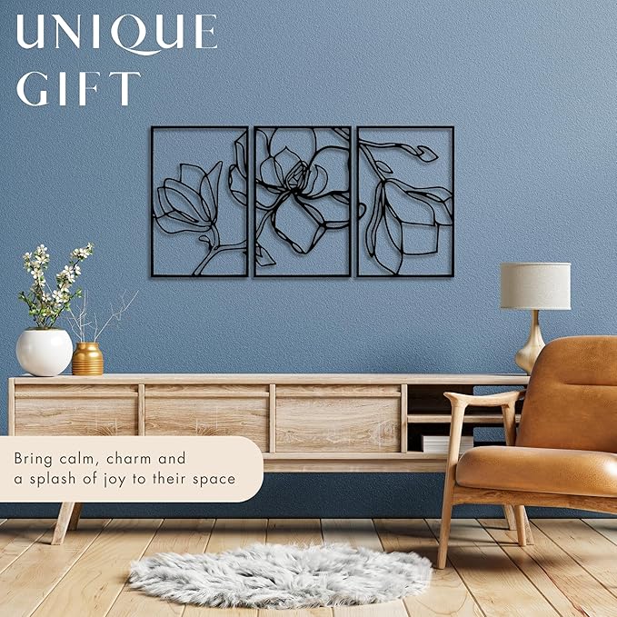 Wita Home Poppy Flower Metal Wall Art, 3-Panel Botanical Line Design, Modern Floral Wall Decor for Living Room, Bedroom, Office, Indoor & Outdoor Display (48×23 inches)