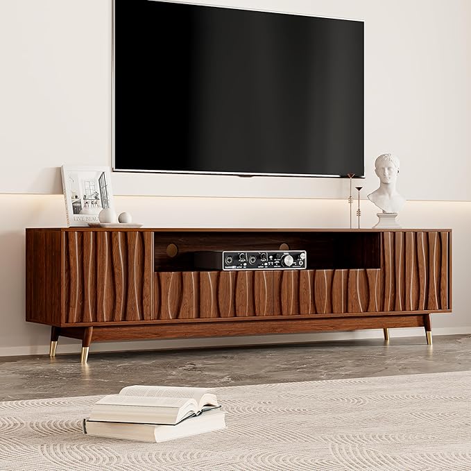 ATJafurn 78‘’ Brown Walnut Finish TV Stand for 65/75/85 Inch TVs, Mid Century Modern Wood Media Console Entertainment Center with 2 Drawers and 2 Cabinets for Living Room Bedroom