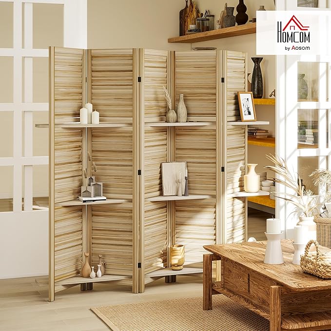 HOMCOM Room Divider, 5 Panel 67" Tall Wood Privacy Screen with 3 Display Shelves, and Folding Storage for Bedroom or Home Office, Natural Wood