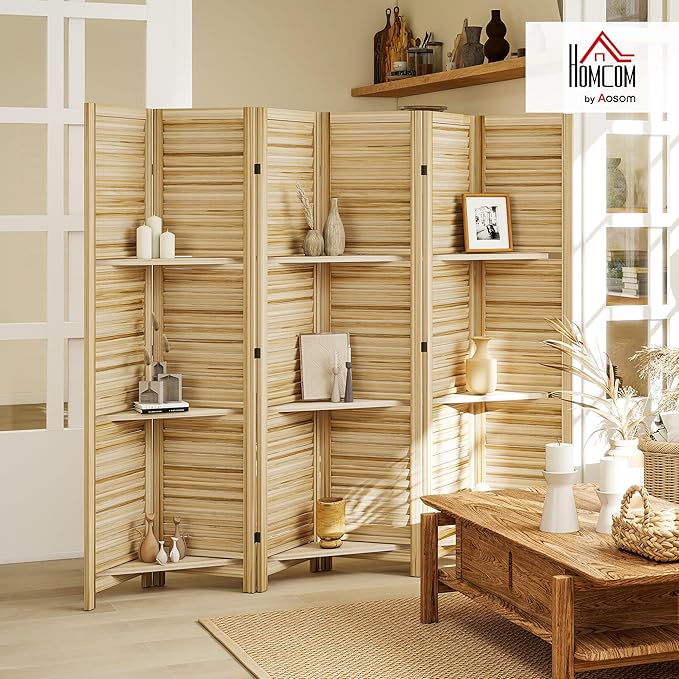 HOMCOM Room Divider, 6 Panel 67" Tall Wood Privacy Screen with 3 Display Shelves, and Folding Storage for Bedroom or Home Office, Natural Wood