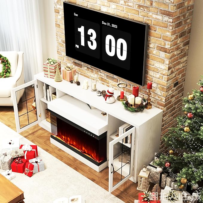 CharaVector 63 inch Fireplace TV Stand for TVs up to 75" with 30" 3-Sided Electric Fireplace, Farmhouse Entertainment Center with Glass Doors & Storage Cabinet, White Oak
