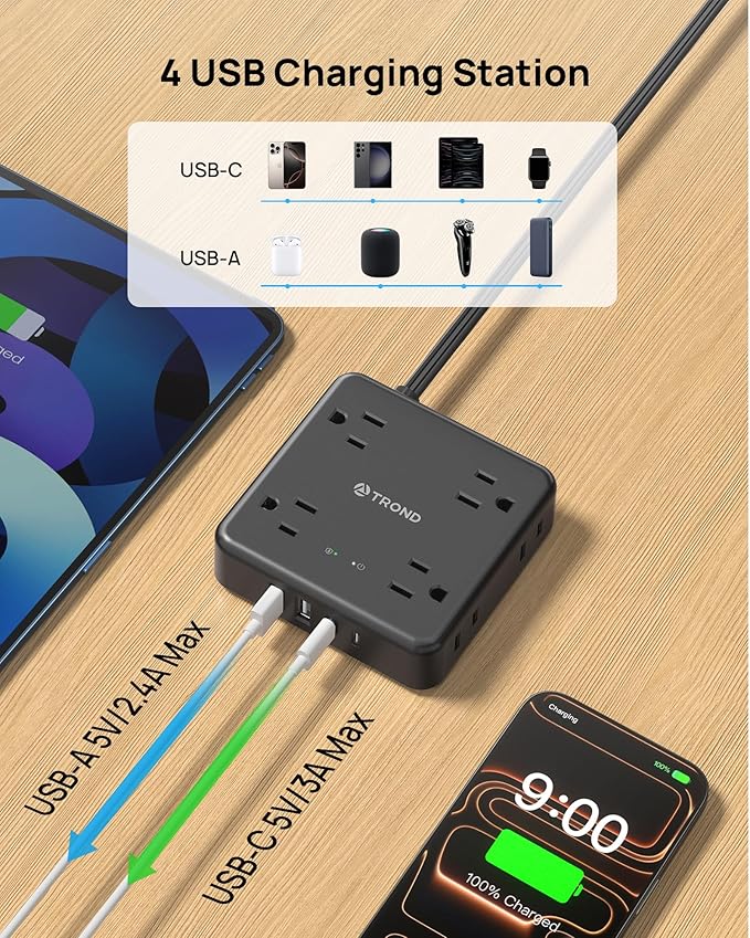TROND 360° Rotating Flat Plug Power Strip, 10FT Flat Extension Cord with Multiple Outlets 4 USB (2 USB C), Wall Mount Surge Protector 1440 Joules for Home Office Travel Dorm Room Essentials, Black