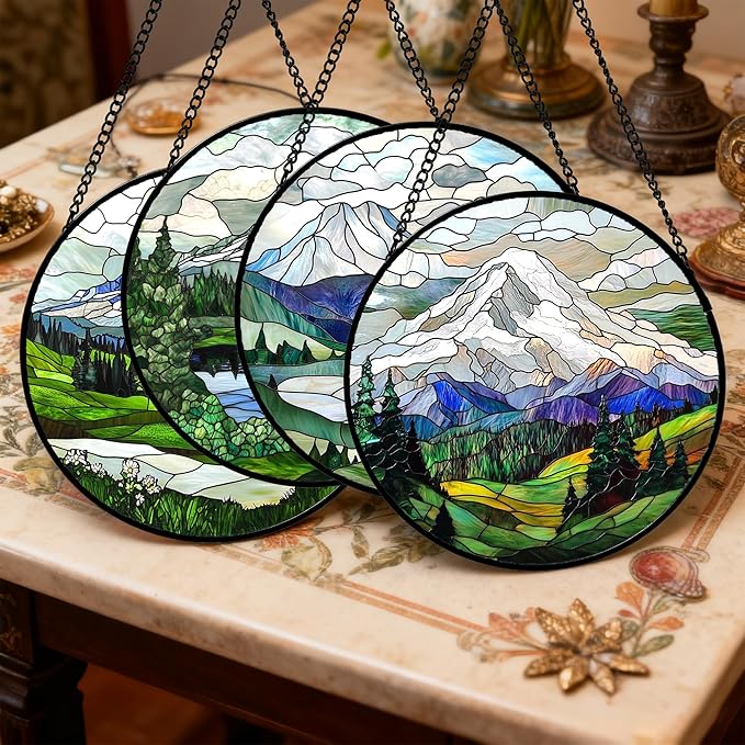 DASTOLL Stained Glass Window Hanging 4 Pcs Set Mountains Lake Green White Landscape Large 15" - Suncatcher Door Garden Sun Catcher Decor Birthday Christmas for Mom Woman Nana Men