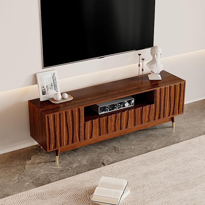 ATJafurn 66‘’ Brown Walnut Finish TV Stand for 48/55/65 Inch TVs, Mid Century Modern Wood Media Console Entertainment Center with 2 Drawers and 2 Cabinets for Living Room Bedroom