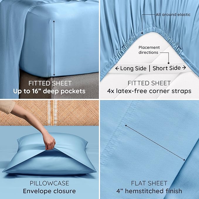 Bambaw 4pcs King Size Sheets Set – 100% Viscose Derived from Bamboo Sheets, Cooling Sheets King Size Deep Pocket Fits Up to 16'' with Elastic Corner Straps, Super Soft (Dream Blue)