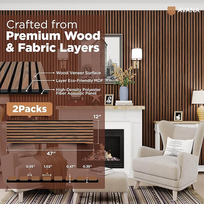 Avana Acoustic Wood Wall Panels – 47.2 x 12.6 Inch Rustic Walnut Acoustic Panels 2 PCs – Wall Panels For Interior Wall Decor For Homes, Offices, Studios – Sturdy And Durable Wood Panels For Wall