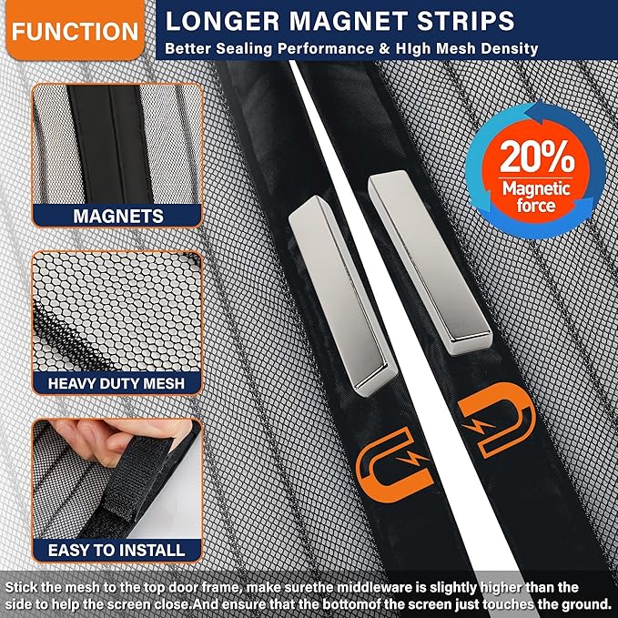 Magnetic Screen Door，Screen Door Mesh，Keep Bugs Out, Heavy-Duty Mesh Curtain,Pet and Kid Friendly, Works with Front Doors, Sliding Doors（34 x 82 Inch ‎Black