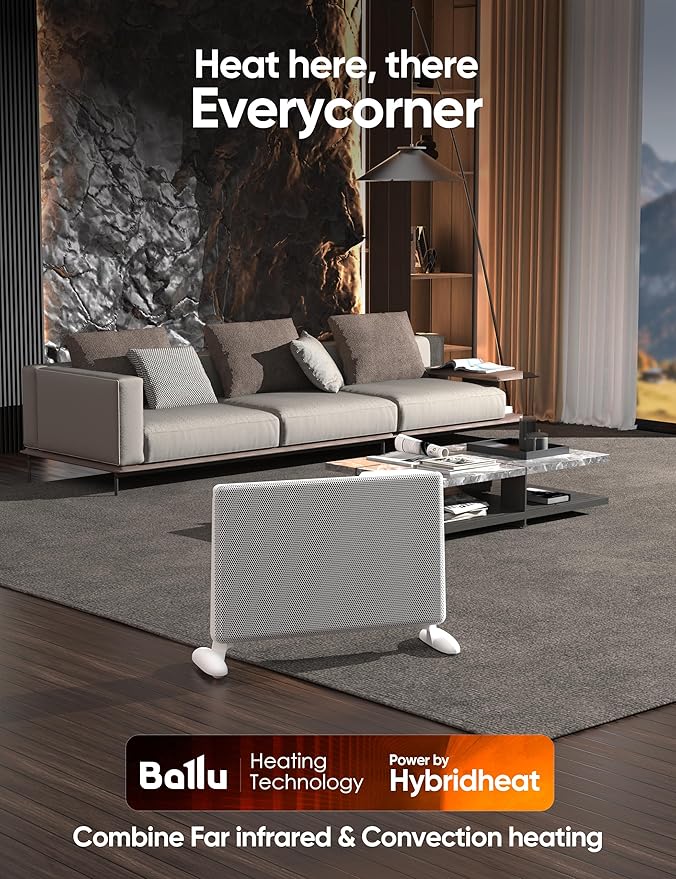 Ballu Mica Infrared Panel Space Heater for Large Room,Smart Quiet Heater with Programmable Thermostat,WiFi App Control,Inverter Energy Efficient for Indoor Use,Compatible with Alexa,White