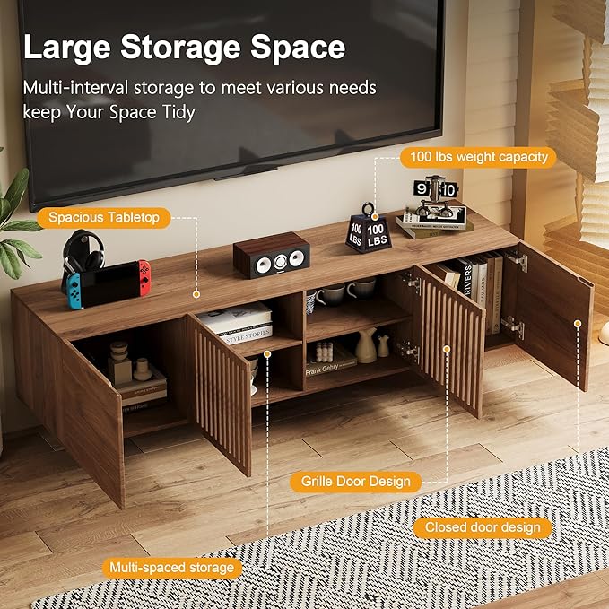 Pajiasen 70.87″ Mid Century Modern Walnut TV Stand with Grille Doors, Storage Cabinets,Entertainment Center for TVs Up to 80",Media Console for Living Room or Bedroom