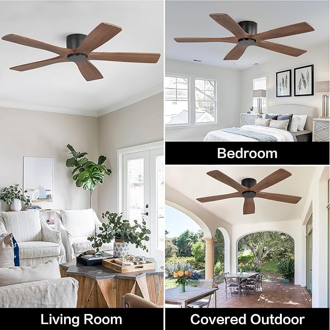 WINGBO 54" Flush Mount DC Ceiling Fans without Lights, 5 Carved Solid Wood Blades, 6-Speed Reversible DC Motor, Low Profile Hugger Ceiling Fan No Lights for Living Room Bedroom Patio, Black and Walnut