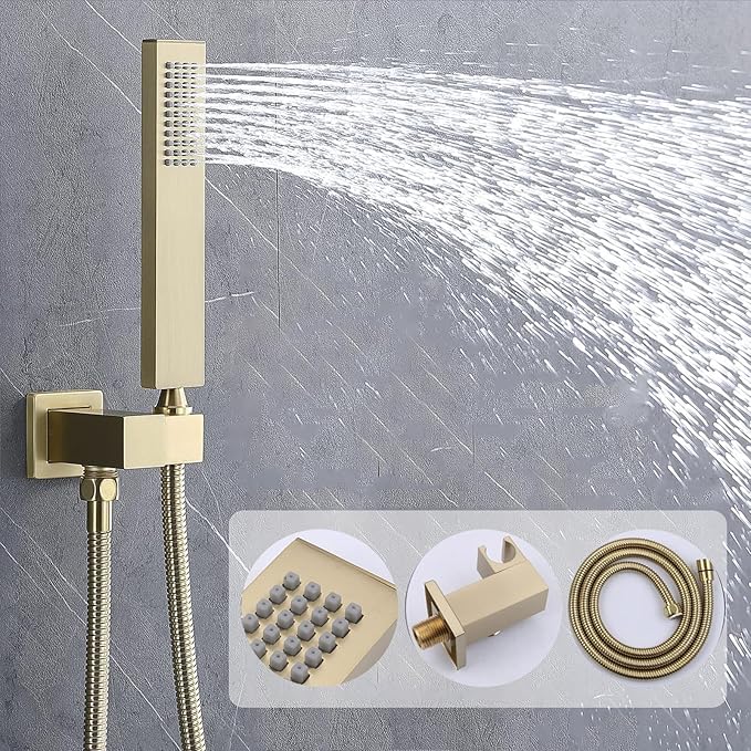 KATAIS Brushed Gold Shower System Digital Temperature Display Shower Faucet Set with 12 inch Ceiling Mounted + Dual 8 inch Wall Mounted Shower Head Combo Set, Handheld Spray