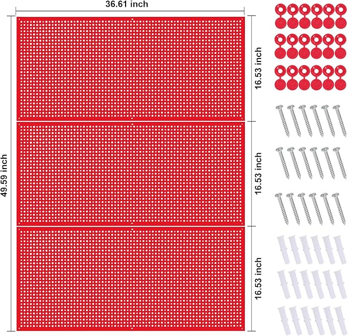Daanxw Pegboard Rack Garage Storage Steel Horizontal PegBoard Pack,Steel Pegboard Heavy Duty- 3 Pack 16-Inch X 36-Inch Metal Peg Board Tool Organization Panels (Red)