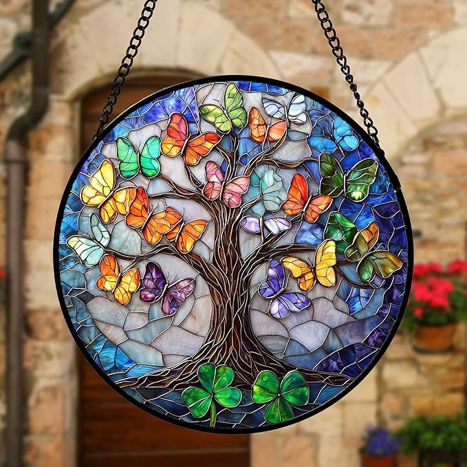 DASTOLL Stained Glass Window Hanging, Butterfly Tree Clover Sun Catchers Glass Panel Blue Suncatcher Decor for Birthday for Women, Men, Wife, Aunt, and Mom 6.3 in