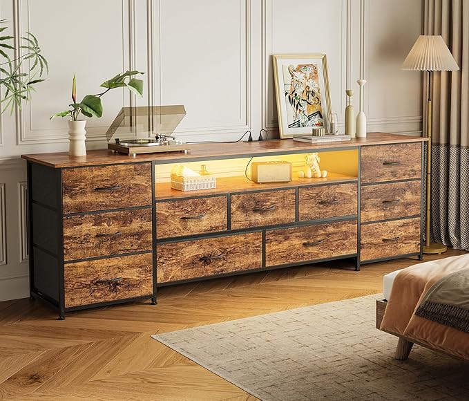 Huuger 70 Inch TV Stand for 75, 80 Inch TV, 11 Drawer Long Dresser with Power Outlets and LED Lights, Entertainment Center with Storage, Rustic Brown Dresser with Printed Surface, 1TS011F