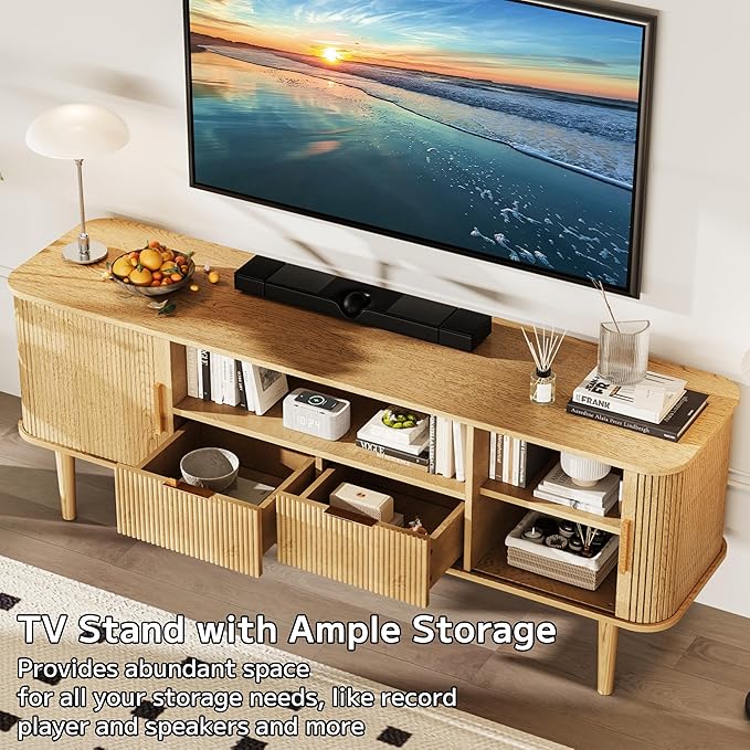 DAMCROP 62.4 Inch Fluted TV Stand, Modern Media Console Table with Sliding Tambour Door Farmhouse Sideboard Buffet Cabinet Fits TVs up to 75 inch, Wood Entertainment Center for Living Room(Oak)