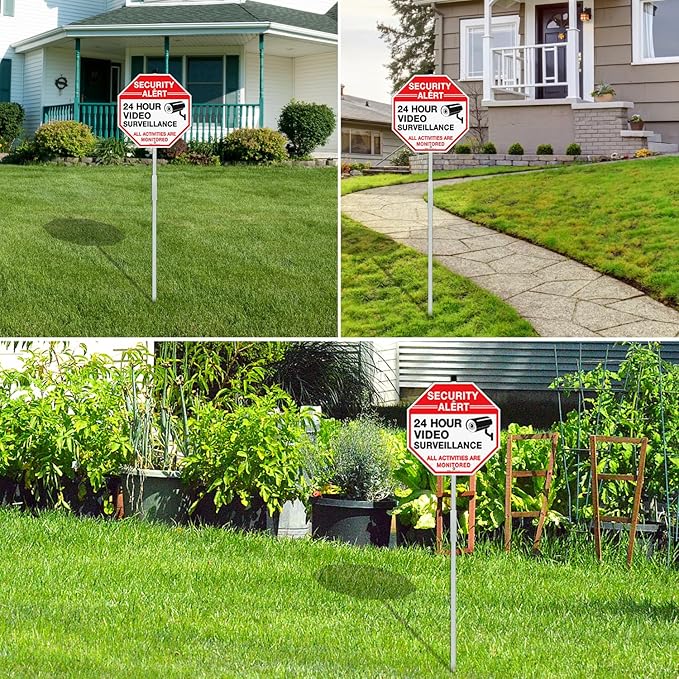 Faittoo Security Sign Video Surveillance Sign with 36" Stake for Outside, 4-Pack 12"x12" Rust Free Heavy Aluminum, Reflective, Fade Resistant, 2 pre-drilled holes, Includes Matching Screws & Wrench,