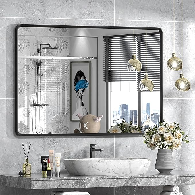 48x32 Black Bathroom Mirror for Wall, Matte Black Metal Framed Rectangle Bathroom Vanity Mirror, Rounded Corner, Anti-Rust, Shatterproof (Horizontal/Vertical)