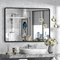 48x32 Black Bathroom Mirror for Wall, Matte Black Metal Framed Rectangle Bathroom Vanity Mirror, Rounded Corner, Anti-Rust, Shatterproof (Horizontal/Vertical)