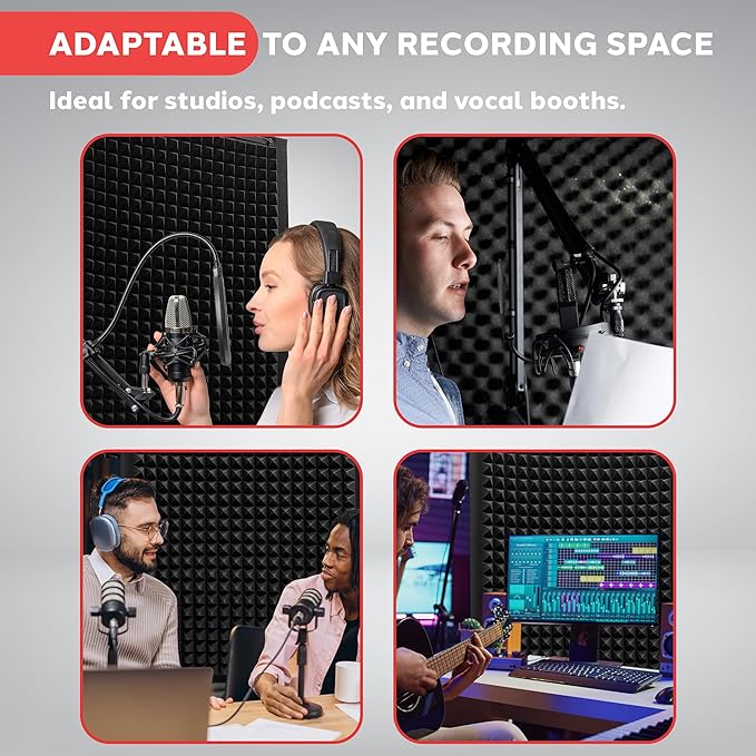 Pyle Microphone Isolation Panel with Height Adjustable Tripod Stand - High Density 2" Thick Foam Sound Dampening Wall - Foldable & Portable Mic Shield for Podcasts, Singing, Recording, Broadcasting