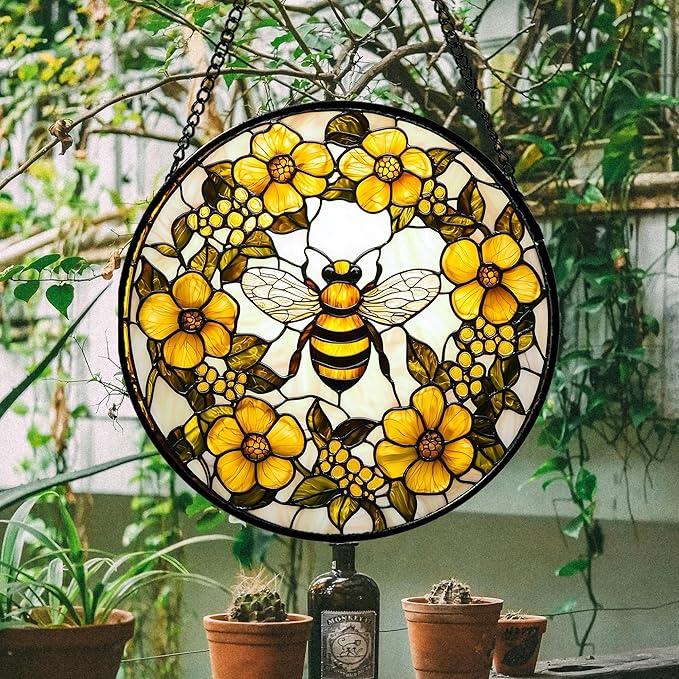 AMDERVEN Stained Glass Window Hanging - Yellow Flowers Surrounded by Bees Sun Catcher for Door Garden Home Decor Cute Suncatcher Christmas Mother's Day Birthday Gifts for Women Men Mom Nana 9.8 in
