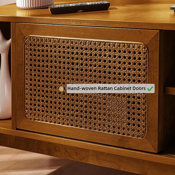 LKTART 68 Inch Mid Century Modern TV Stand with Rattan Doors, MCM Entertainment Center Media Console for 60/65/70/75 inch TVs, Long Boho Television Stand for Living Room, Light Walnut