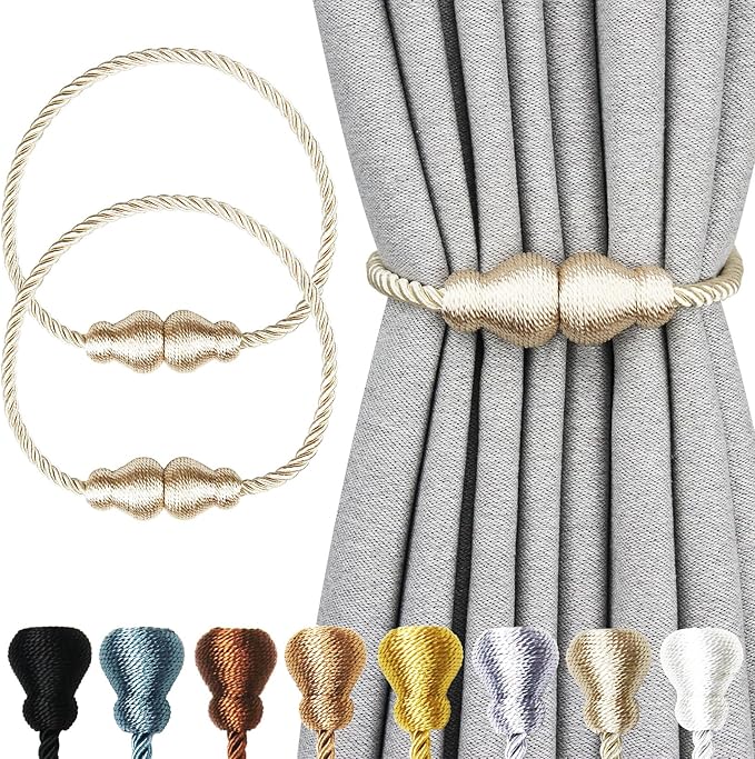 Nieffeiy Magnetic Curtain Tiebacks Outdoor Curtain Tie Backs Rope Decorative Magnetic Curtain Holders for Drapes Window Treatment Holdbacks, Ecru 2Pack
