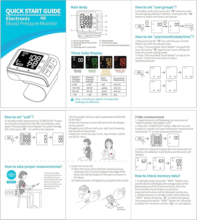VivaGuard Wrist Blood Pressure Monitor for Home Use, LCD Backlit Dispaly BP Machine Automatic Digital Wrist Blood Pressure Cuff with Heartbeat Detector, 2 * 99 Memory, Carrying Case, 2 AAA Batteries