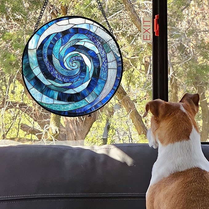 CRISGIF Stained Glass Window Hanging - Blue Abstract Swirl Suncatcher for Doors Garden Patio Unique Sun Catchers Decor Christmas Mother's Day Birthday Gifts for Women Men Mom Nana Friend 9.8 in