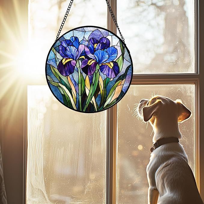 CRISGIF Stained Glass Window Hanging - Blue Purple Iris Flower Suncatcher for Door Garden Patio Sun Catchers Decor Christmas Mother's Day Birthday Gifts for Women Men Mom Nana Aunt Friend 6.3 in